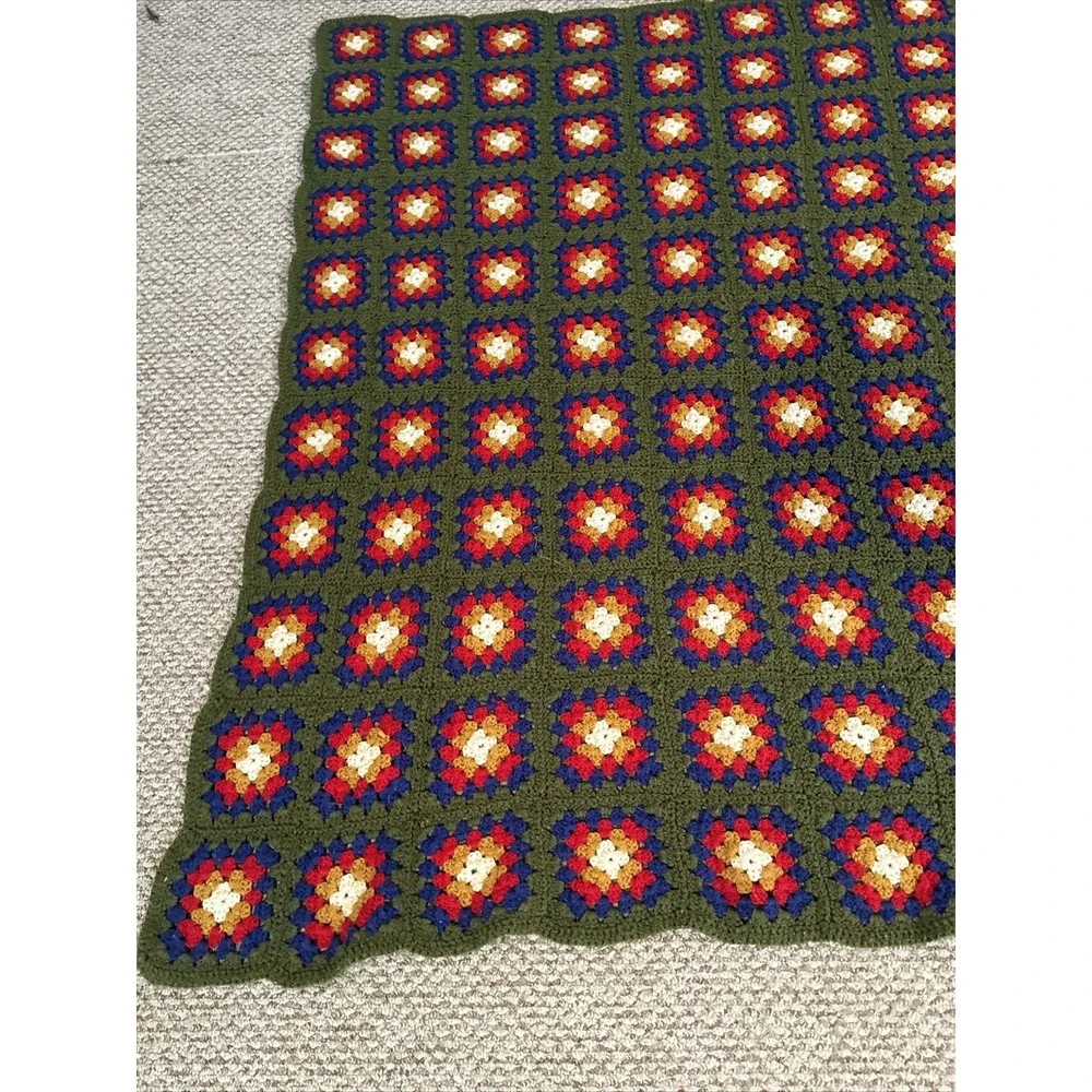 VTG 70s Afghan Hand Crocheted Granny Square Multi-Color Throw Blanket 60x47